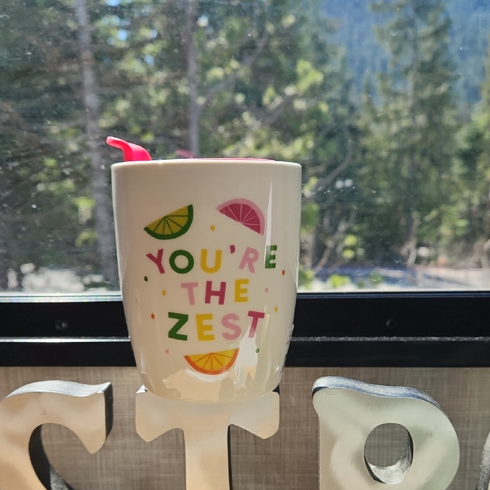 Ceramic Citrus Mug with Pink Lid - 'You're The Zest'